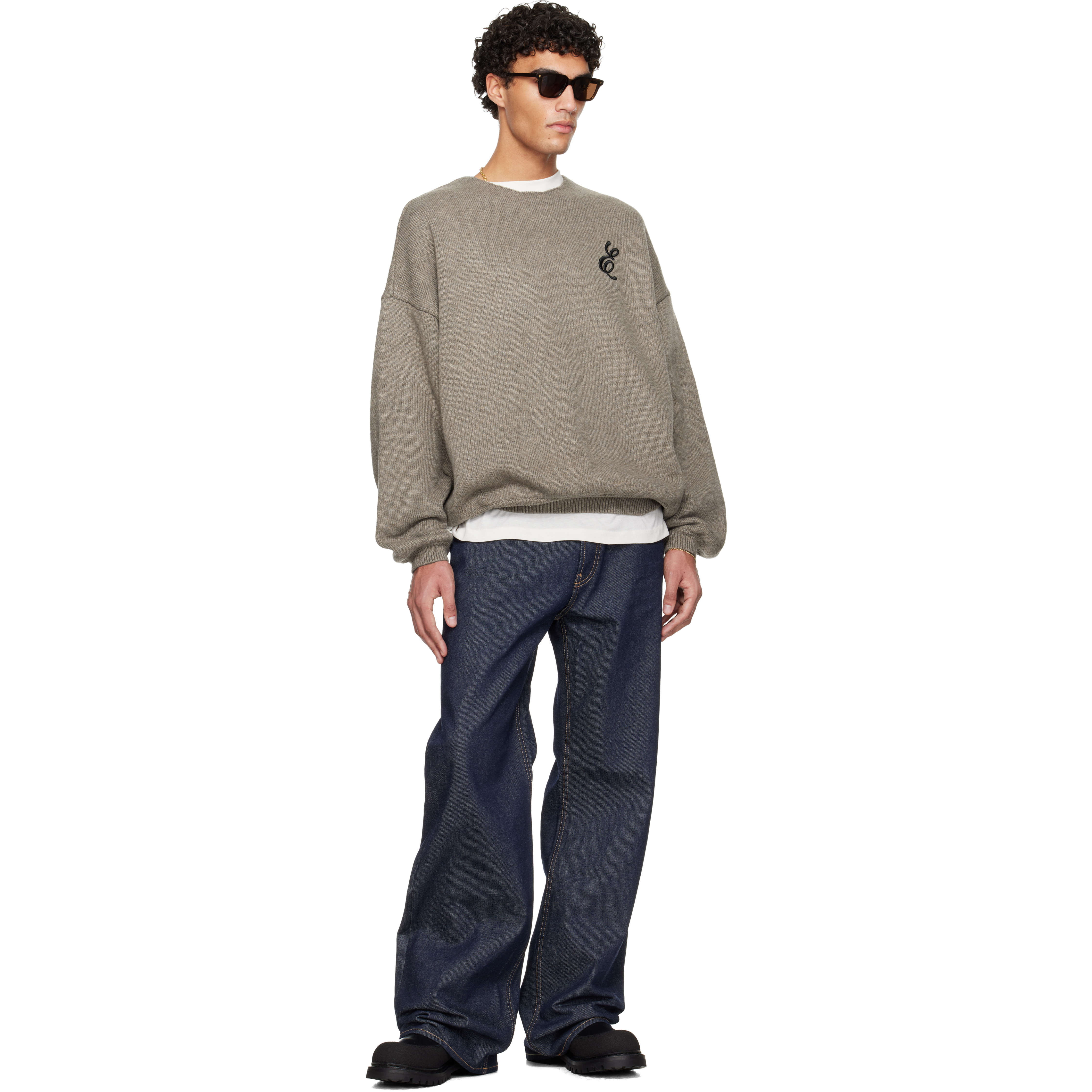 Brown Holiday Embroidered Merino Crewneck Sweater