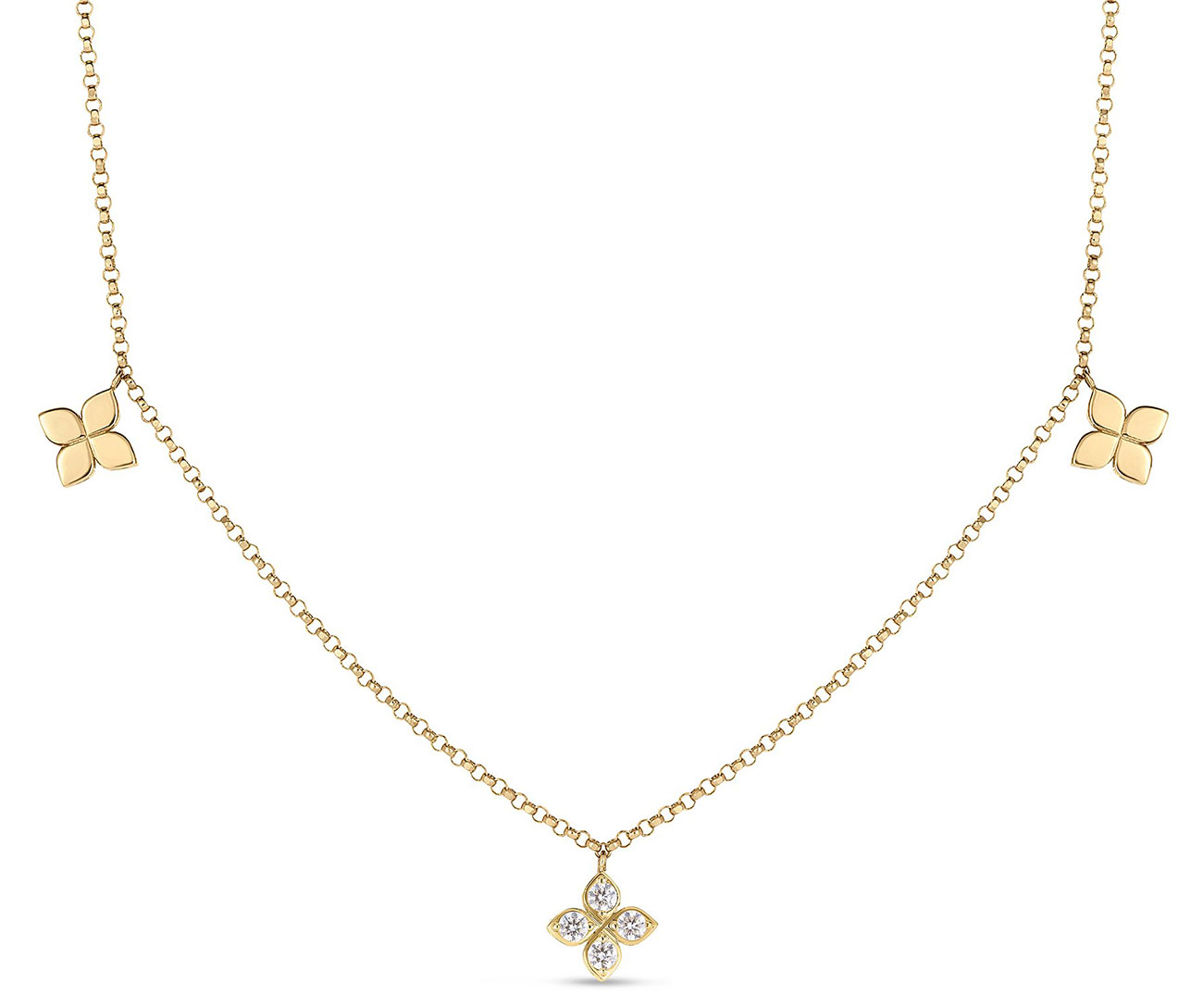 Love By The Inch Diamond and Polished Small Flower Station Necklace in 18K Yellow Gold