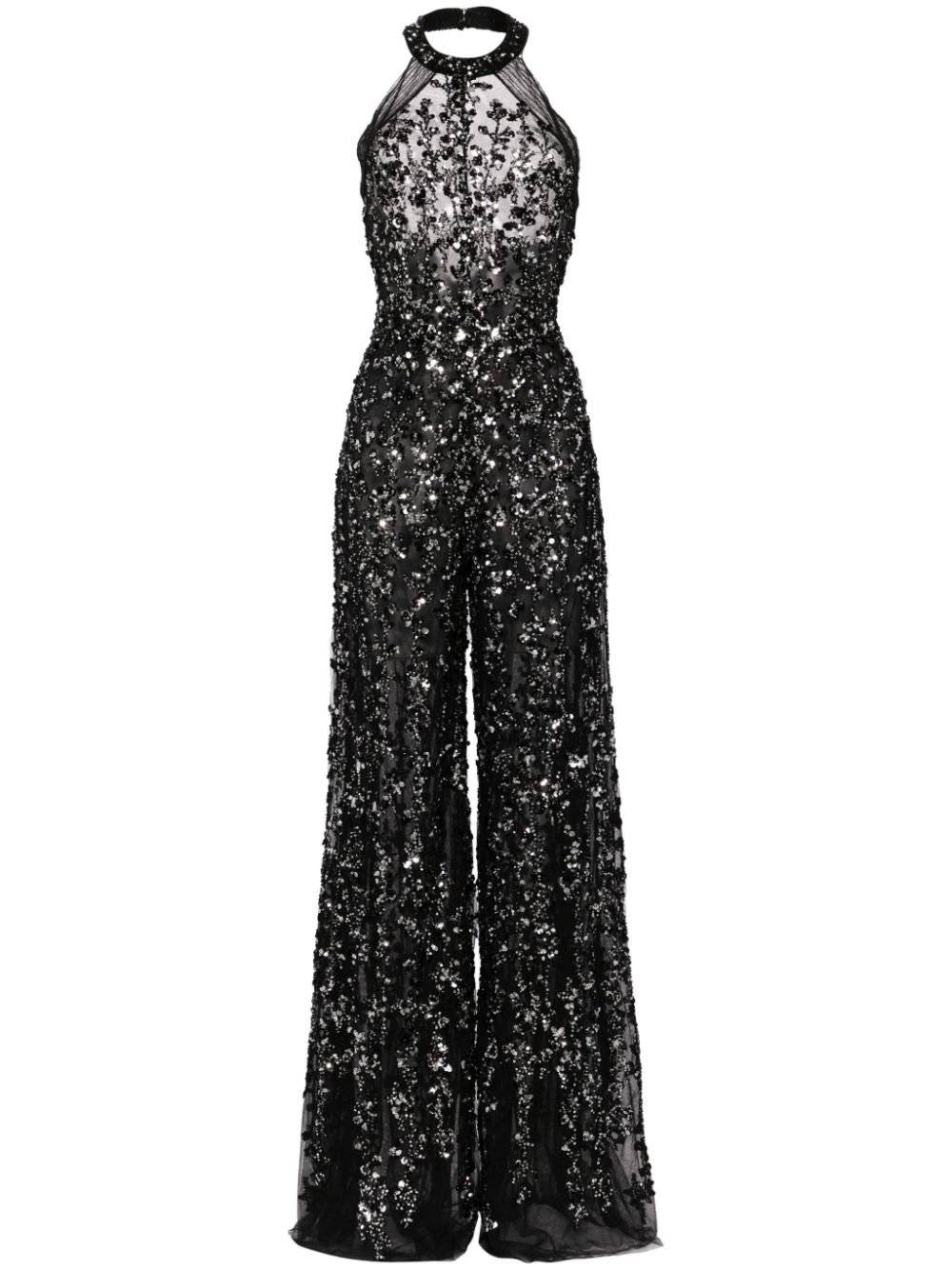 Tulle beaded jumpsuit with halter neckline - Black