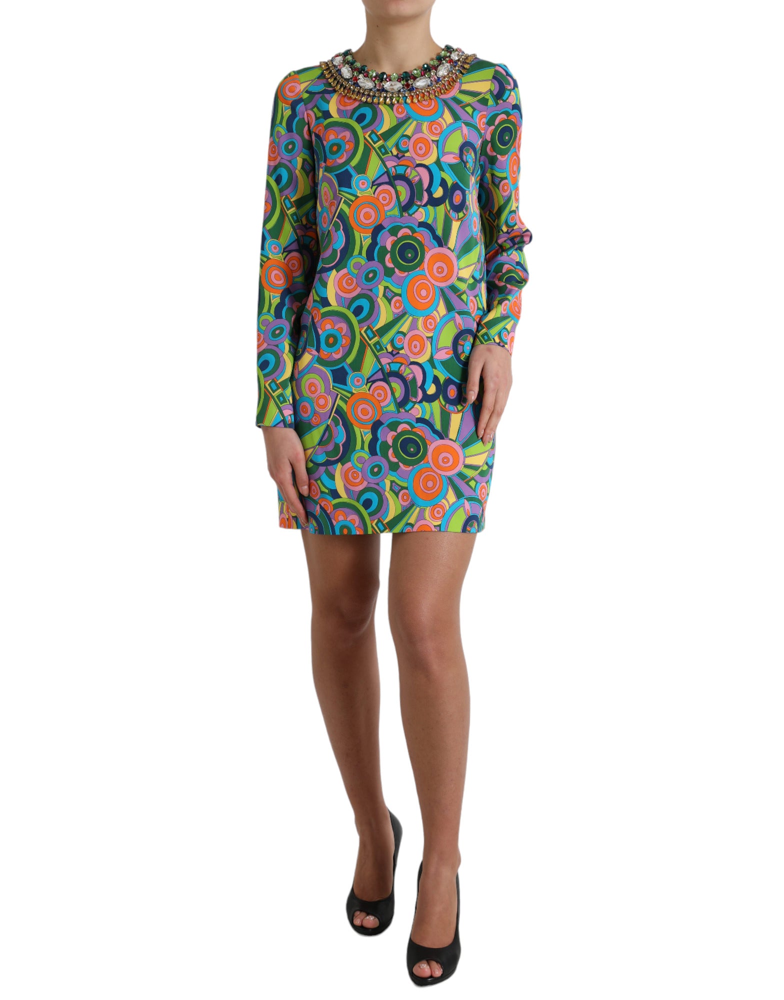 Geometric Print Silk Crystals Dress — Multicolor