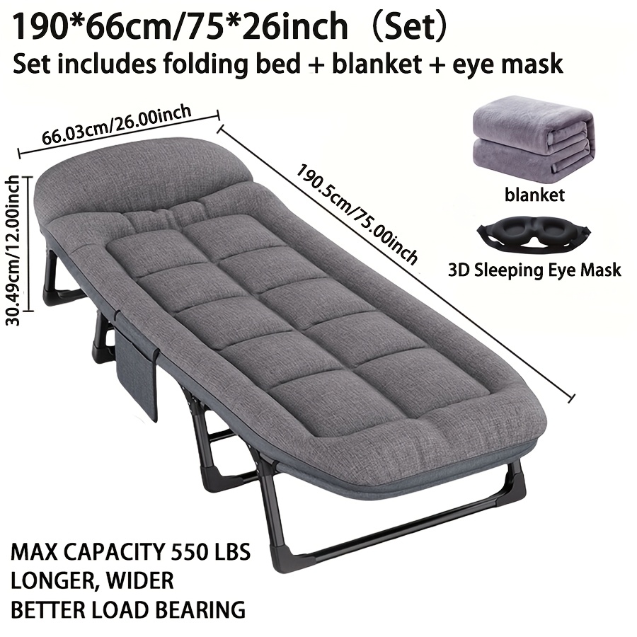 TEMU 1-person 6-speed Adjustable Folding Bed With Mattress & Pillow - Heavy-duty Portable Camping Cot, Thick , Free Blanket & Eye Mask - Manua