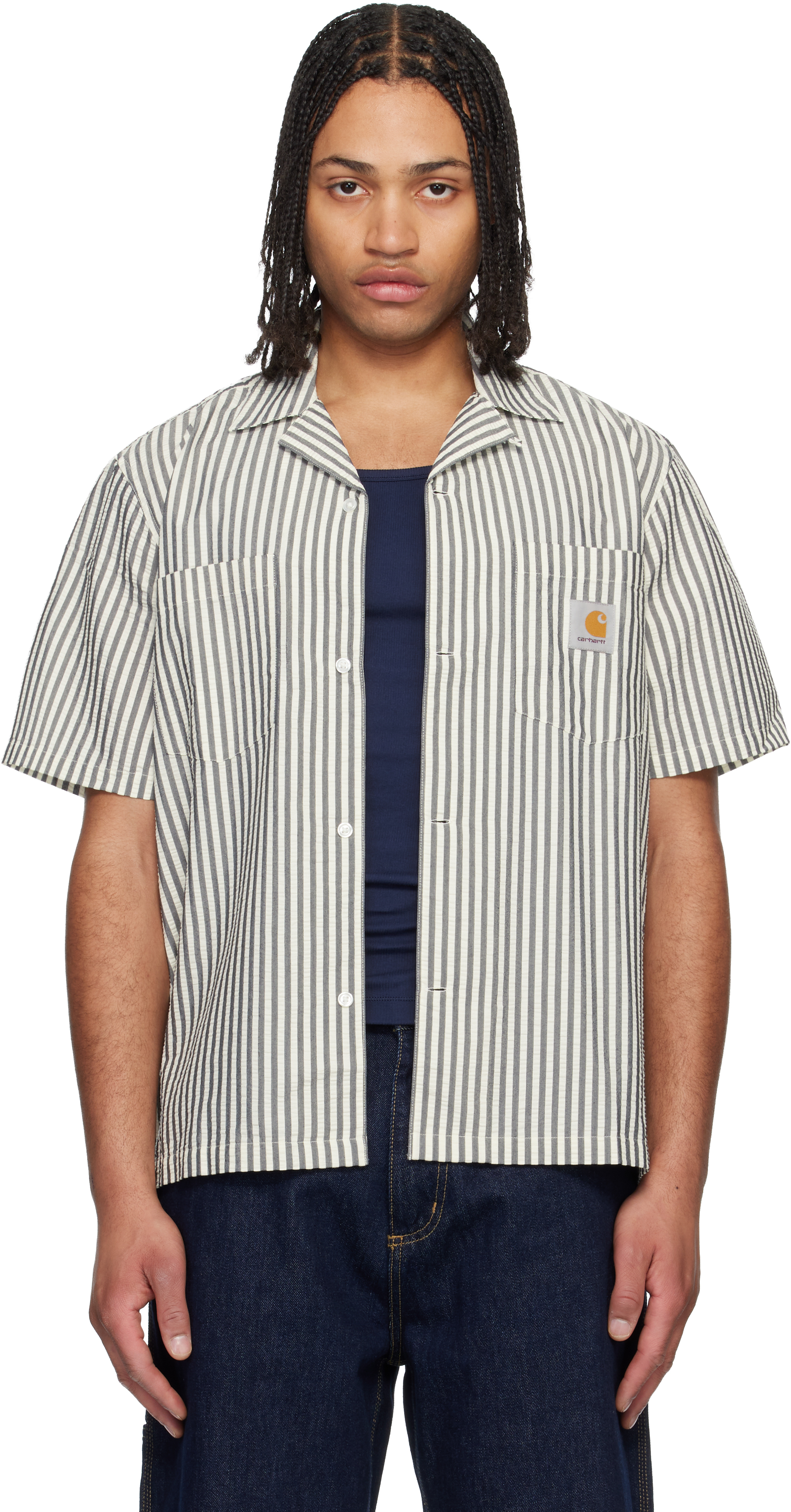 Black & White Short Sleeve Leavel Stripe Shirt