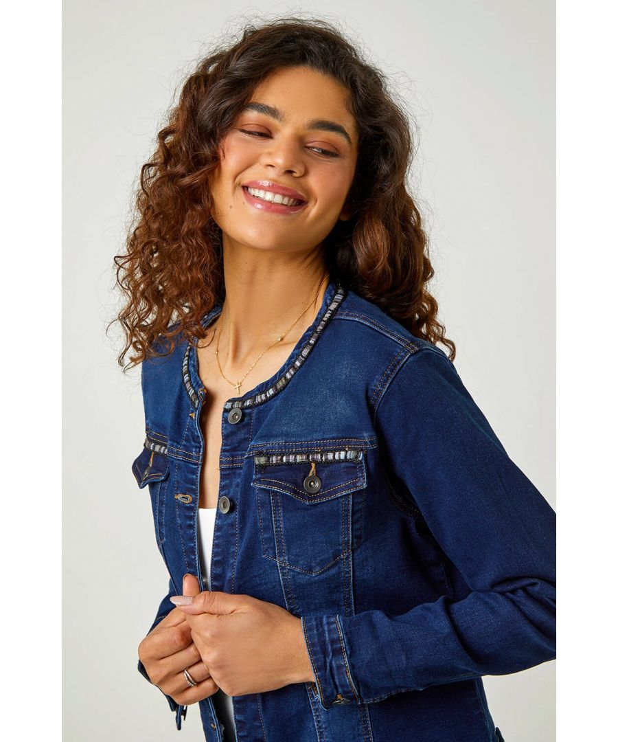 Roman Womens Collarless Tape Stretch Denim Jacket - Blue