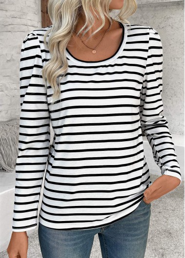 Modlily White Striped Long Sleeve Round Neck T Shirt