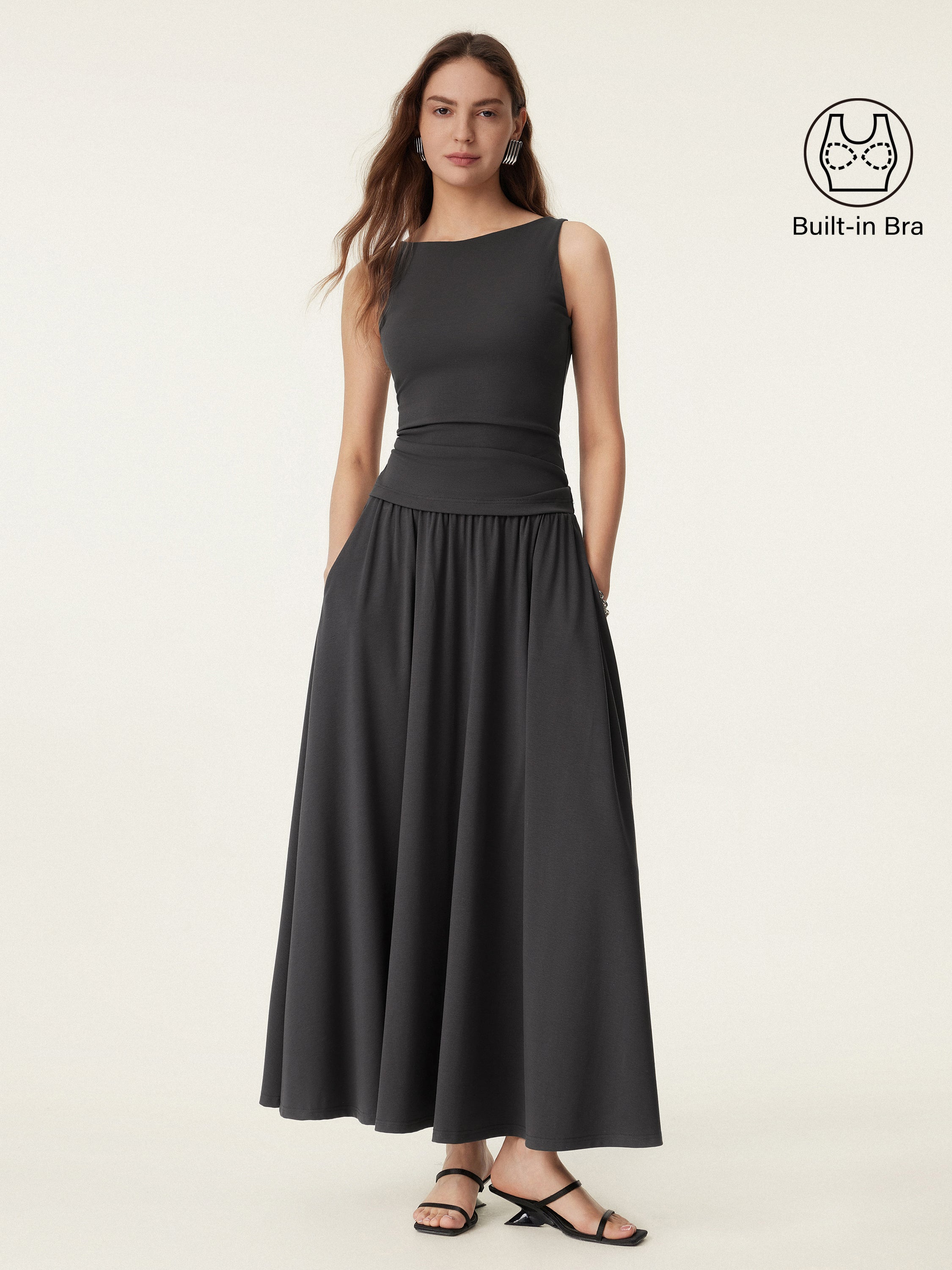 2Pcs Set Stretch Cotton Boatneck Brami Tank & Maxi Umbrella Skirt with Pockets - Shadow / XS