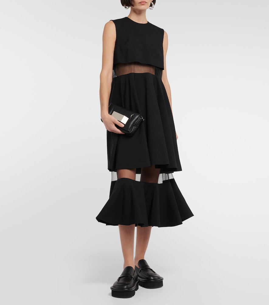 Mesh-trimmed wool midi dress