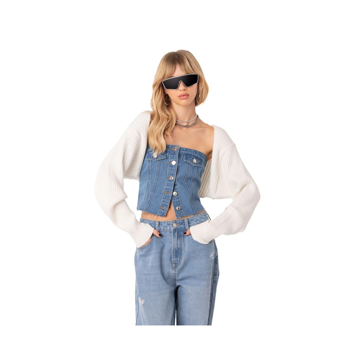Women's Sleeves Sweater Ribbed Knit - Cream