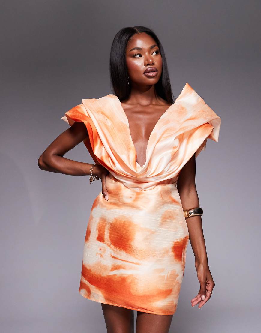 Structured plunge mini dress in orange abstract print-Multi