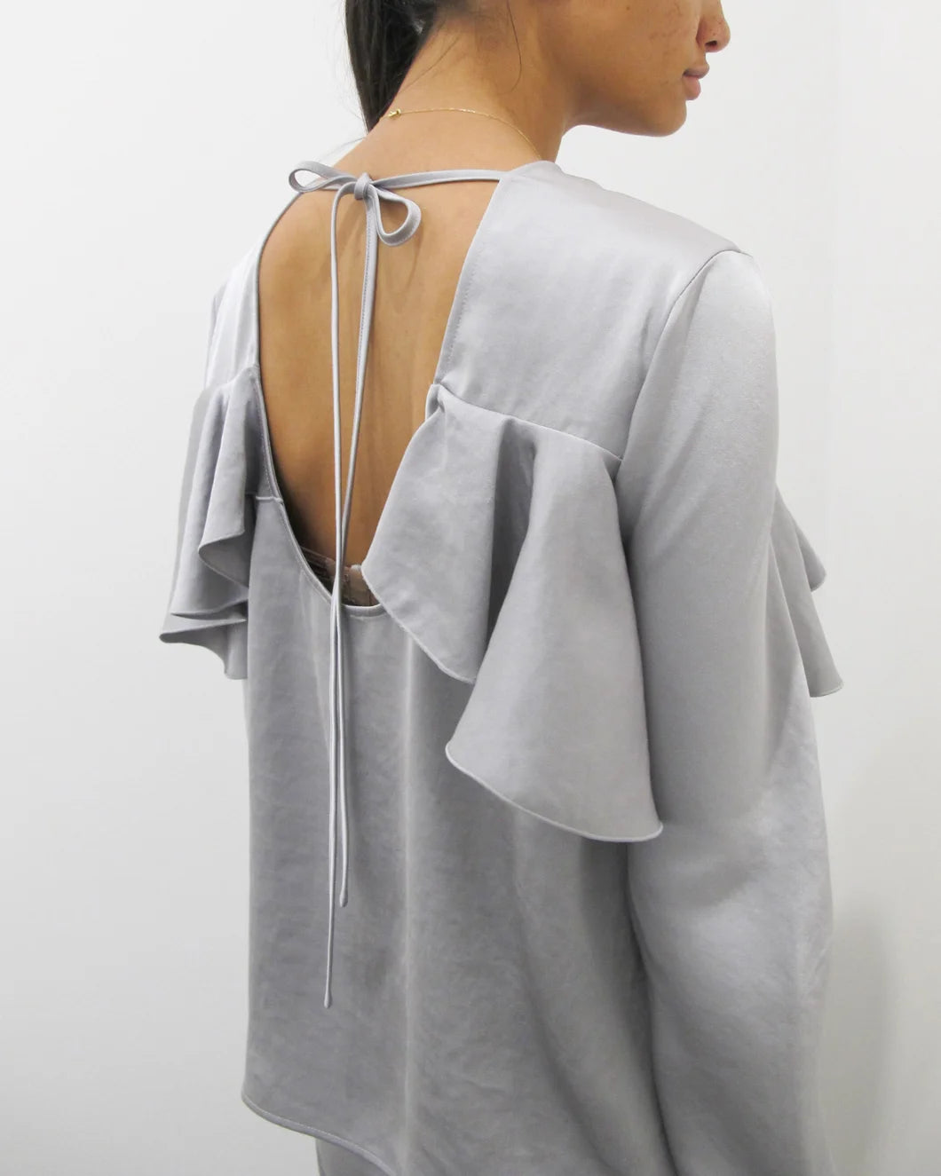 Double Viscose Satin Long Sleeve Ruffle Top