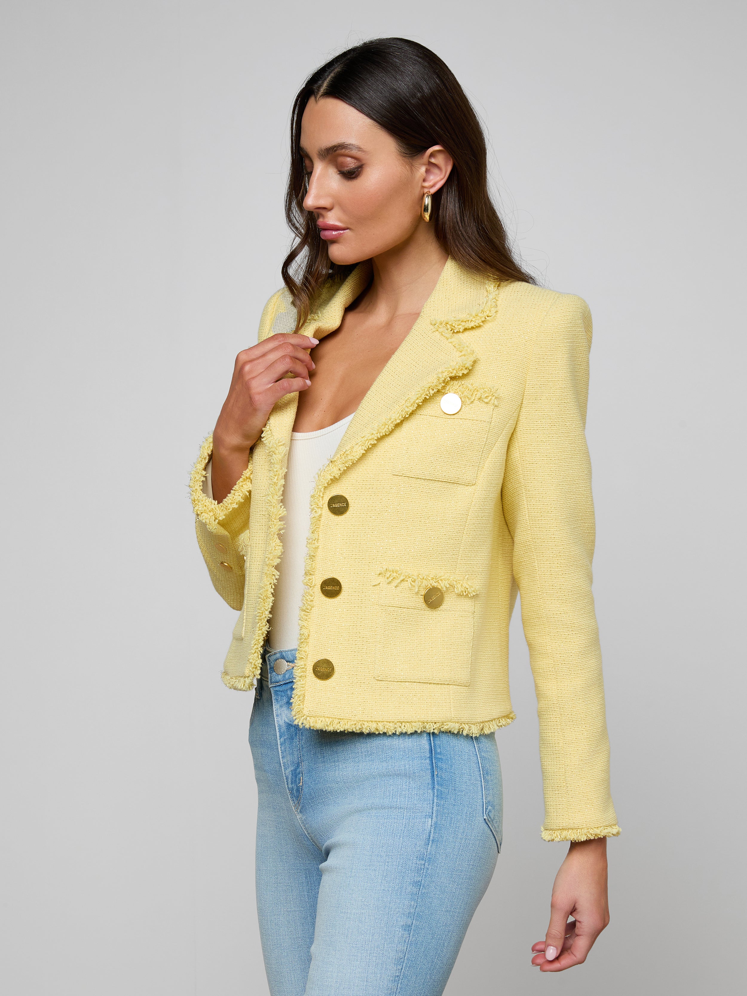 Sylvia Tweed Jacket In Pale Yellow/light Gold