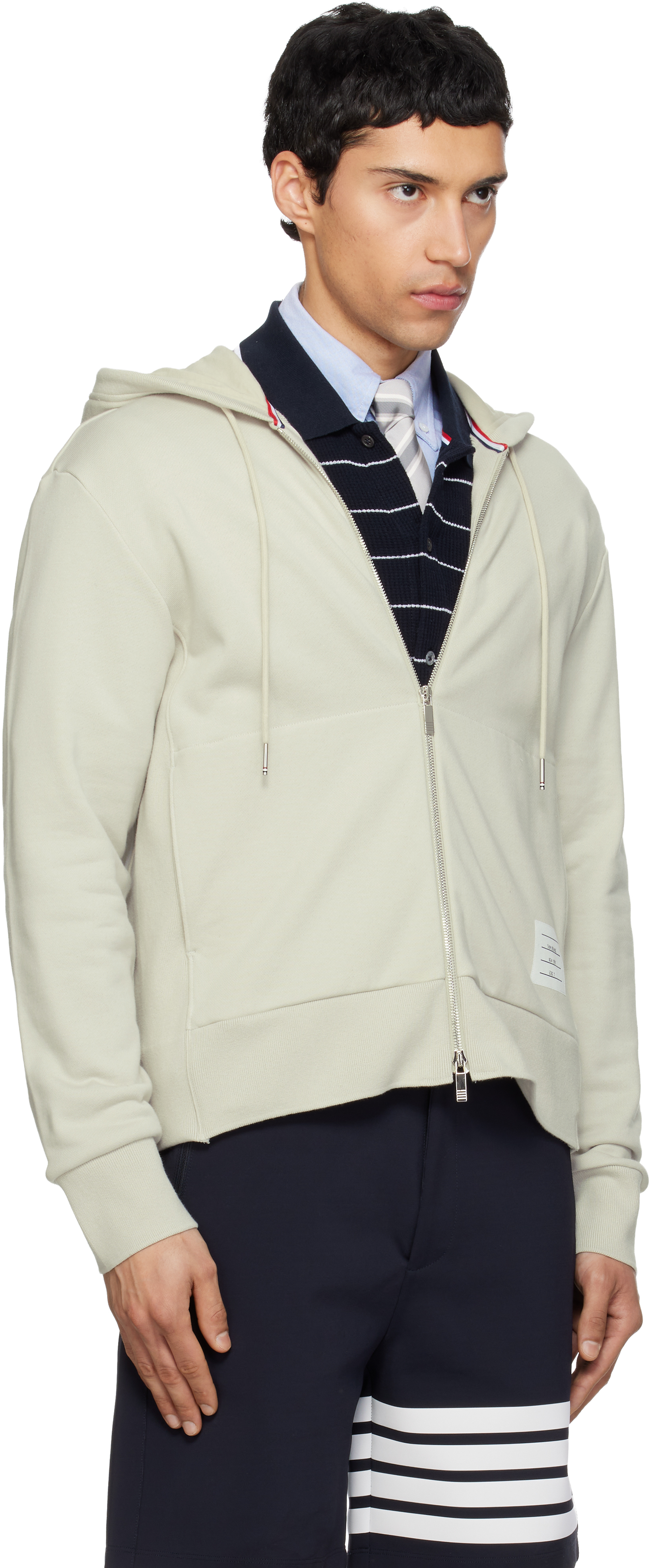 Beige Loopback Jersey 4-Bar Zip Up Hoodie