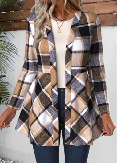 Modlily Light Coffee Plaid Long Sleeve Coat