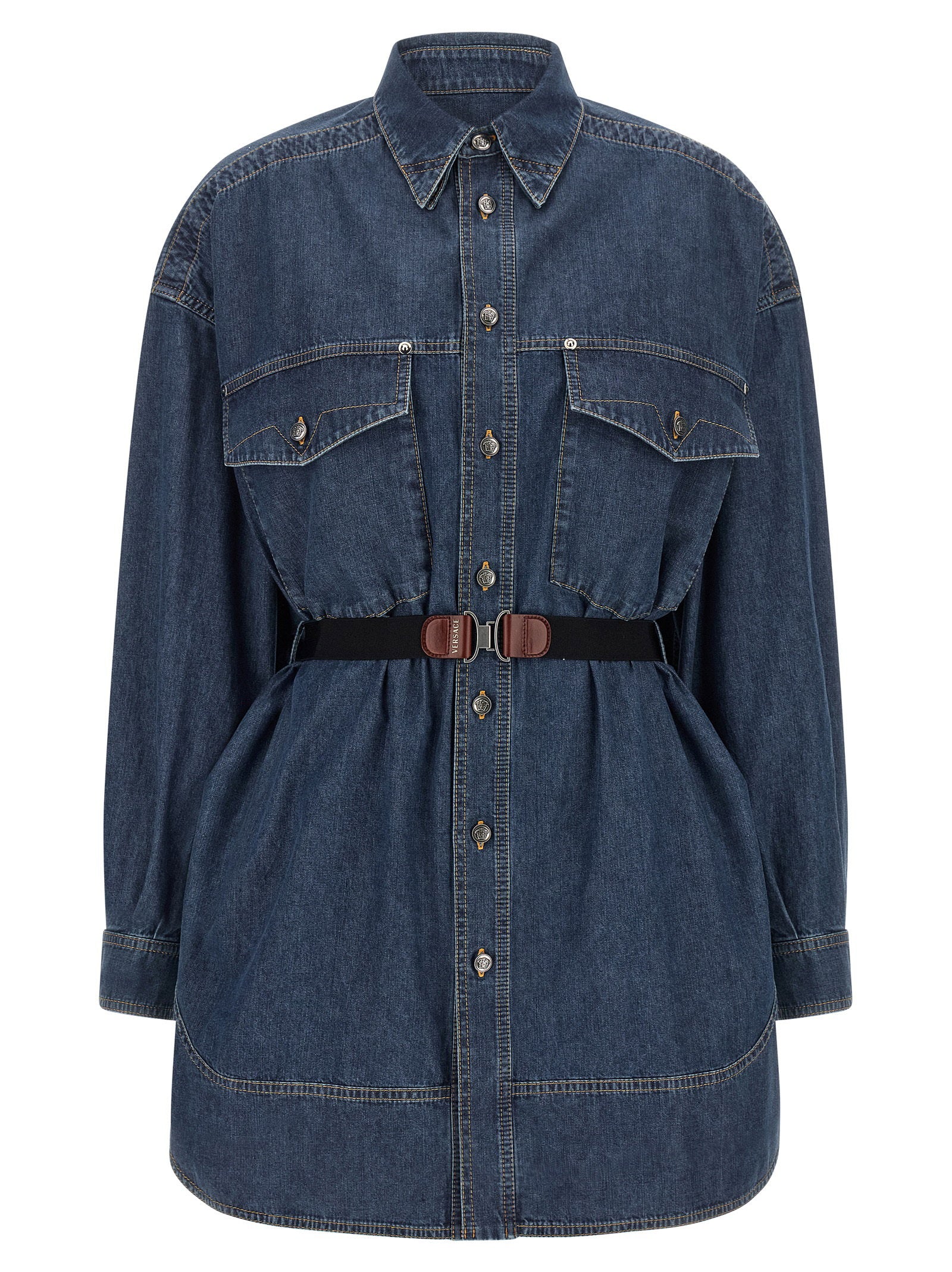 Chambray Denim with Medusa Buttons Dress — Blue