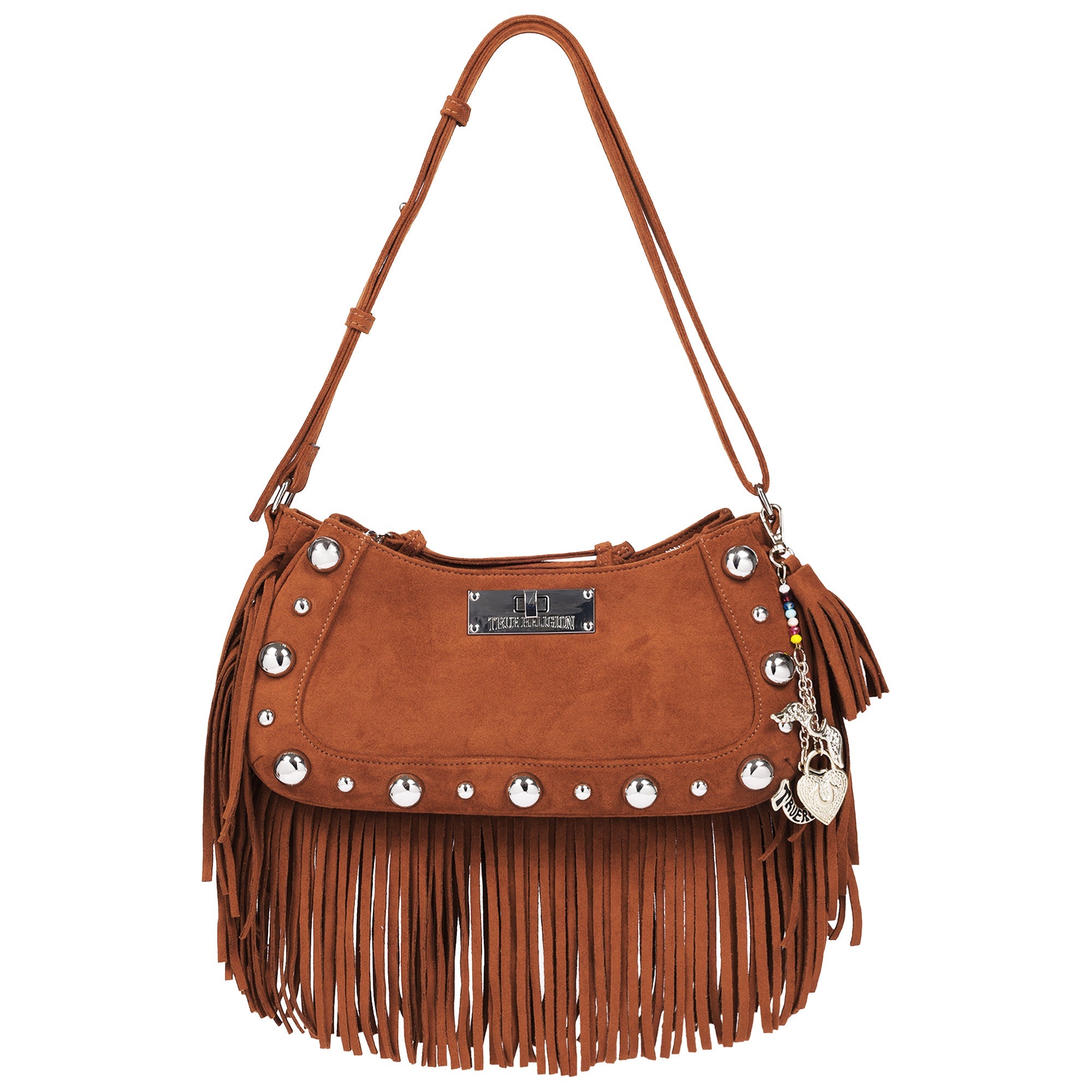 Vintage Dangle Fringe Hobo Bag with Studded Trim and Charm Accents