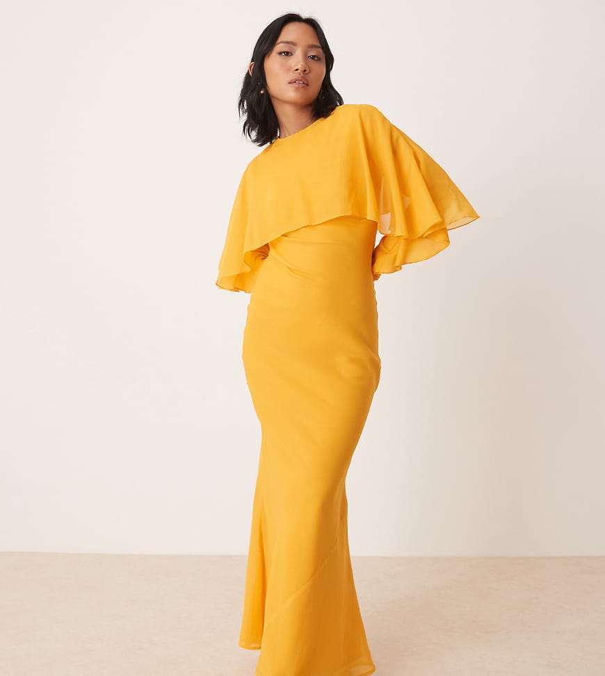 ASOS DESIGN Petite long sleeve ruffle bias maxi dress with cape detail in orange