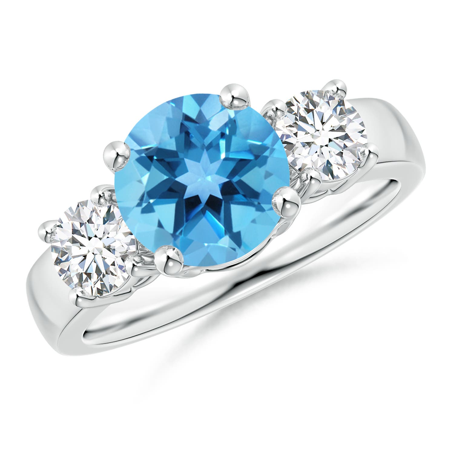 Angara 2.35 Carats Classic Round Swiss Blue Topaz and Diamond Three Stone Engagement Ring in Silver
