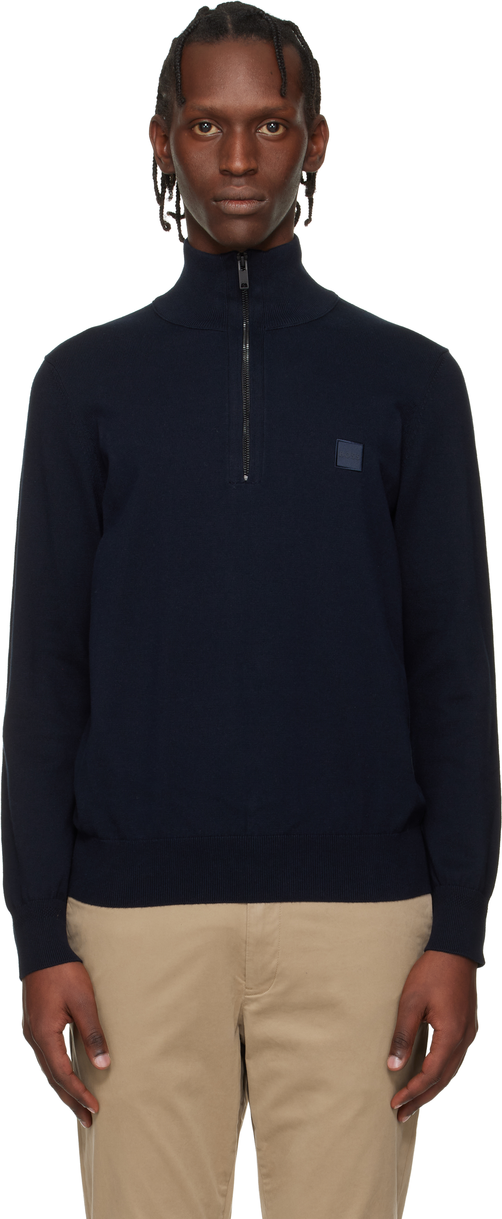 Navy Zip-Neck Cotton & Cashmere Sweater