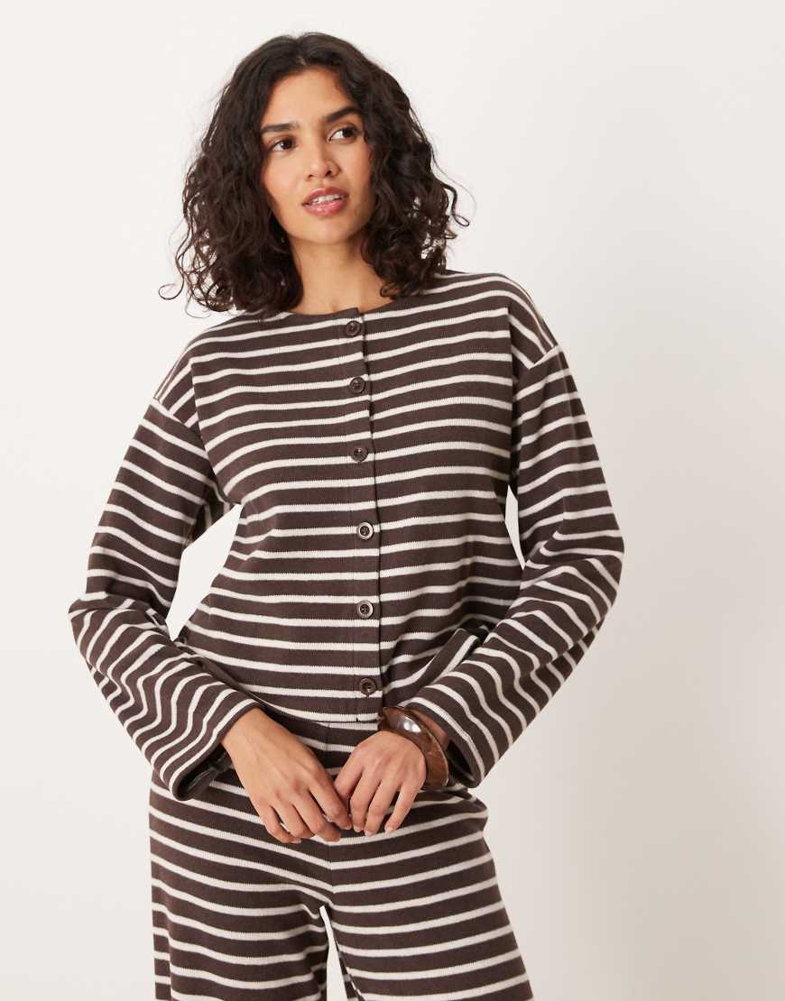 Brushed stripe button through long sleeve co ord top in chocolate-Brown