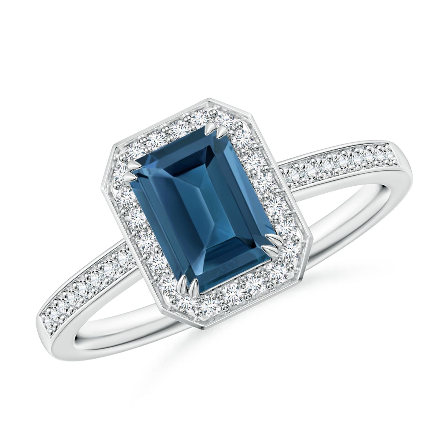 Angara 1.2 Carats Emerald-Cut London Blue Topaz Engagement Ring with Halo in Platinum