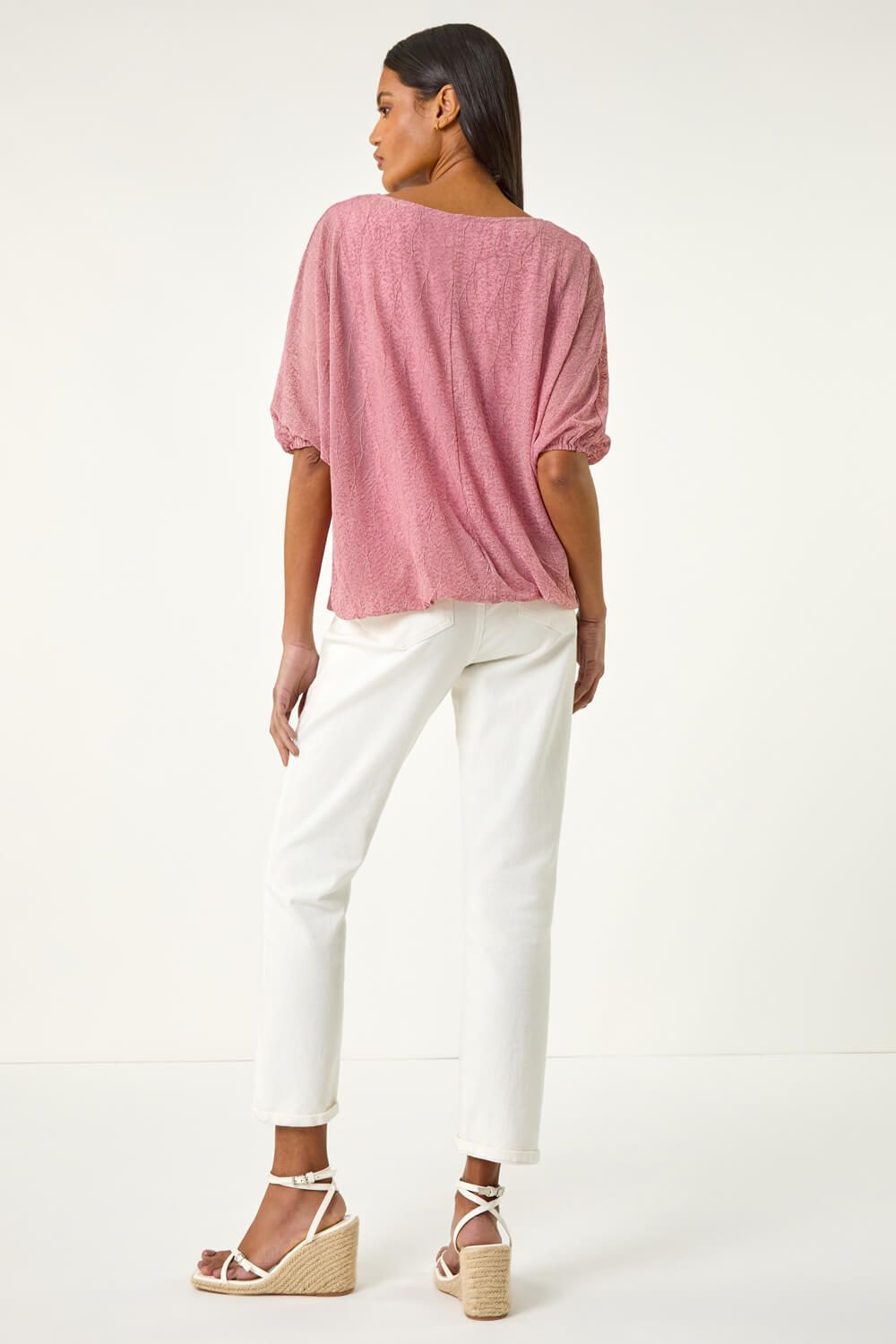 Roman Mesh Bubble Hem Stretch Top In Pink