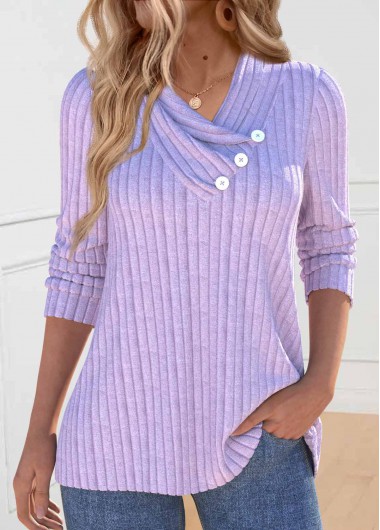 Modlily Light Purple Button Long Sleeve V Neck Sweatshirt