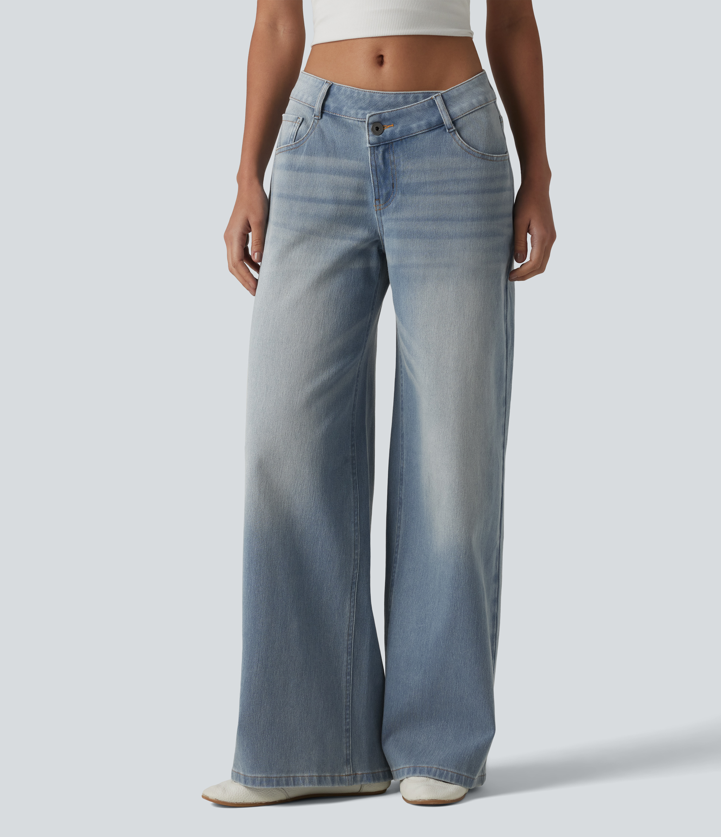 Flex™ Asymmetric Low Rise Zipper Pockets Baggy Wide Leg Washed Casual Jeans  - Blue Flower Denim
