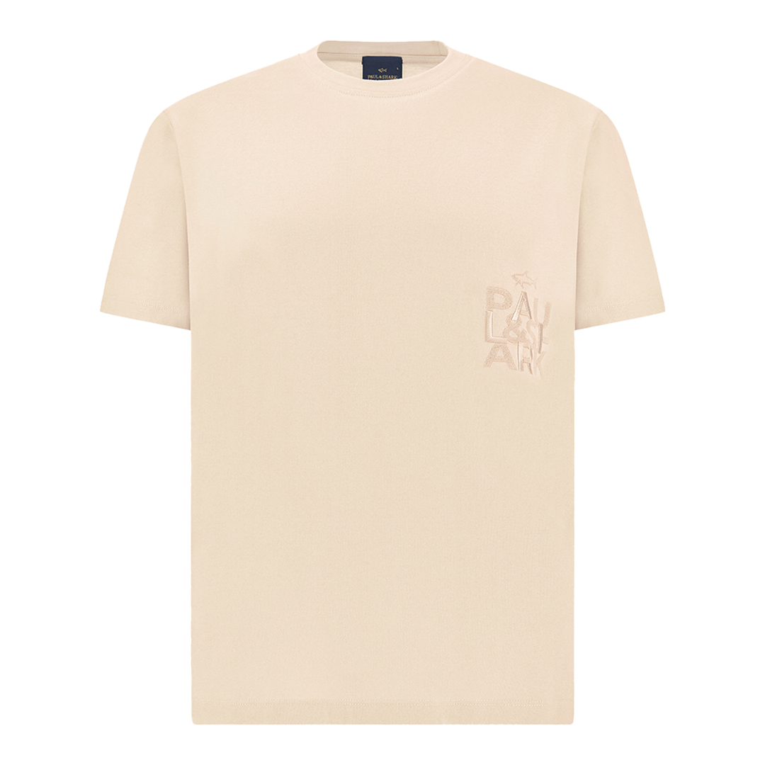 Cotton jersey T-shirt with embroidery, Man, Beige