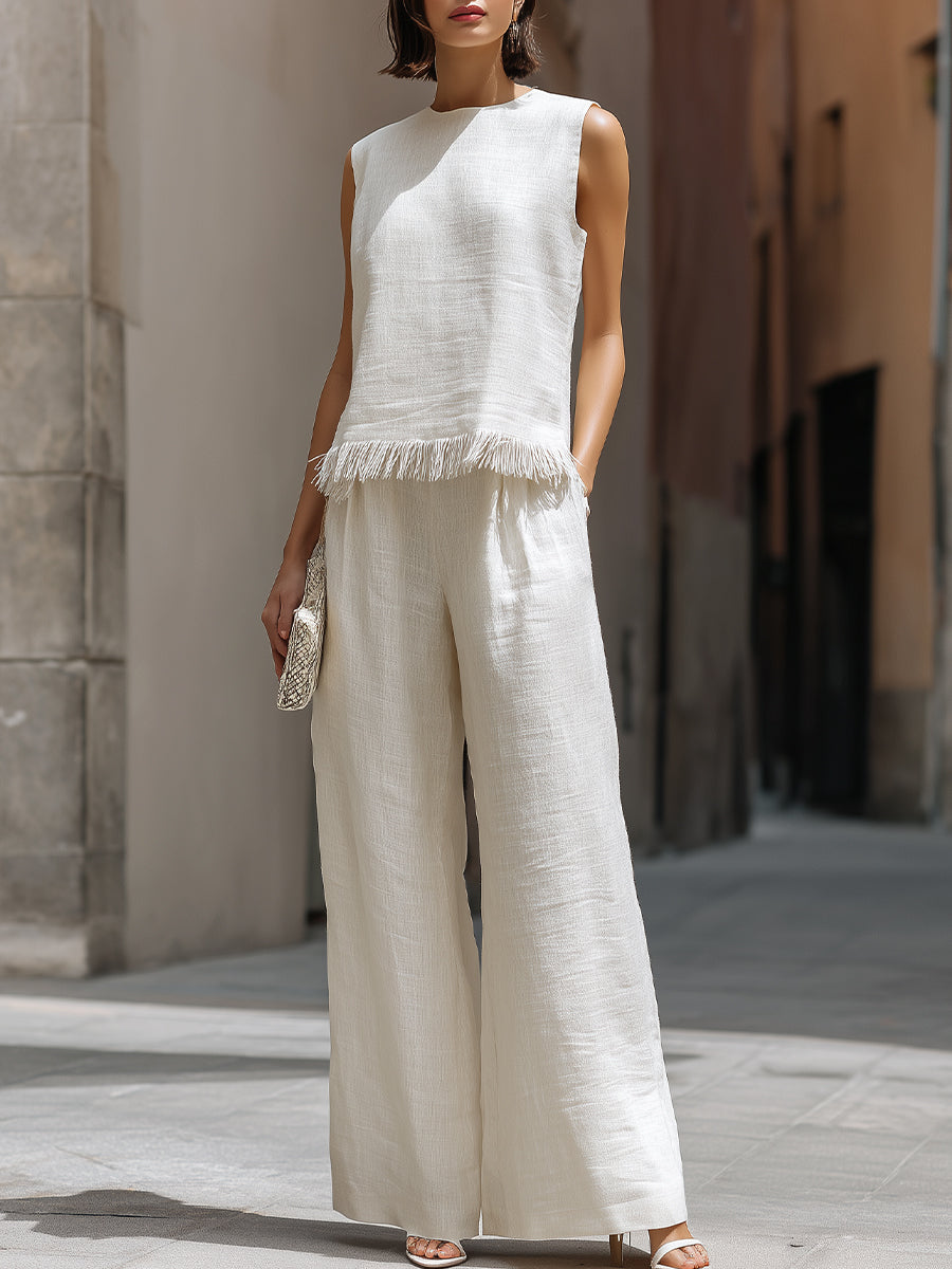 Sleeveless Textured Top And Wide-Leg Pants Set With Frayed Hem Detail - White