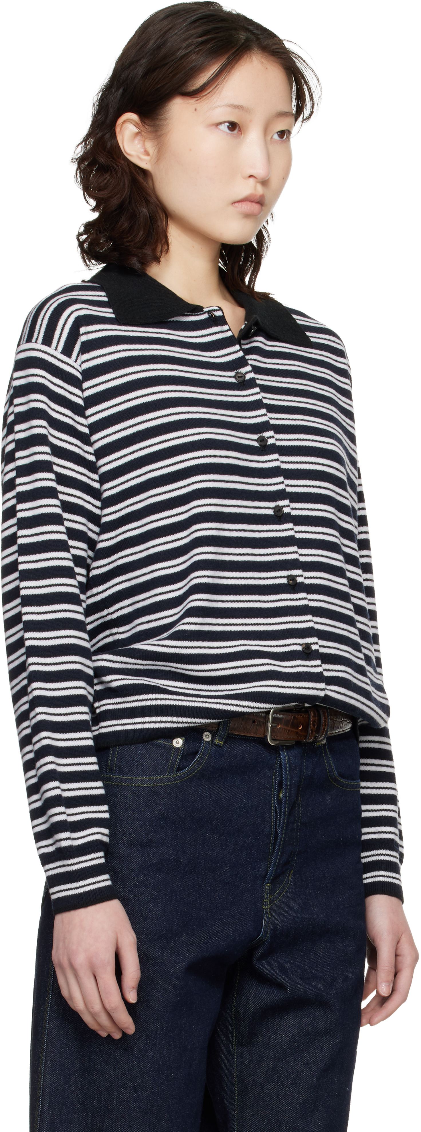 Black & White Merino Wool Striped Polo Cardigan