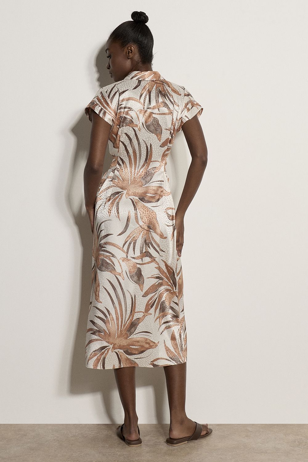 Apricot Tropical Leaf Satin Shirt Midi Dress In Stone