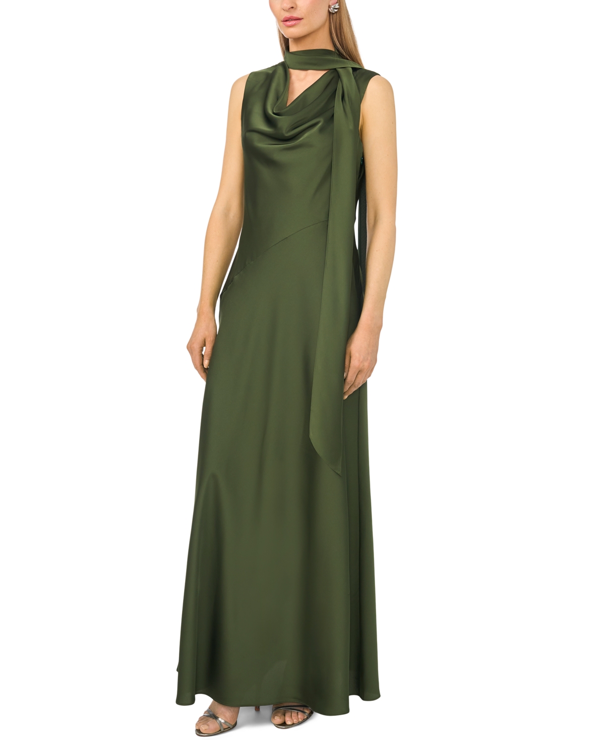 Women's Sleeveless Cowl Neck Scarf-Tie Maxi Dress - Midnight Sage