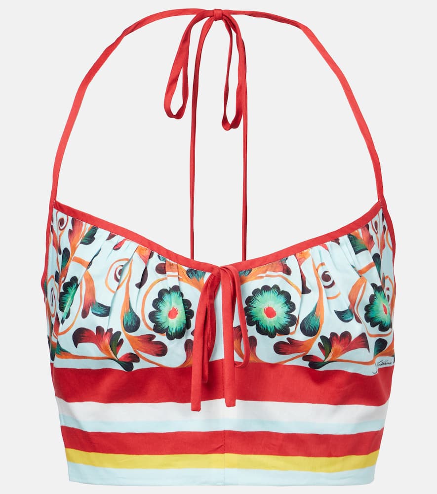 Printed halterneck cotton crop top