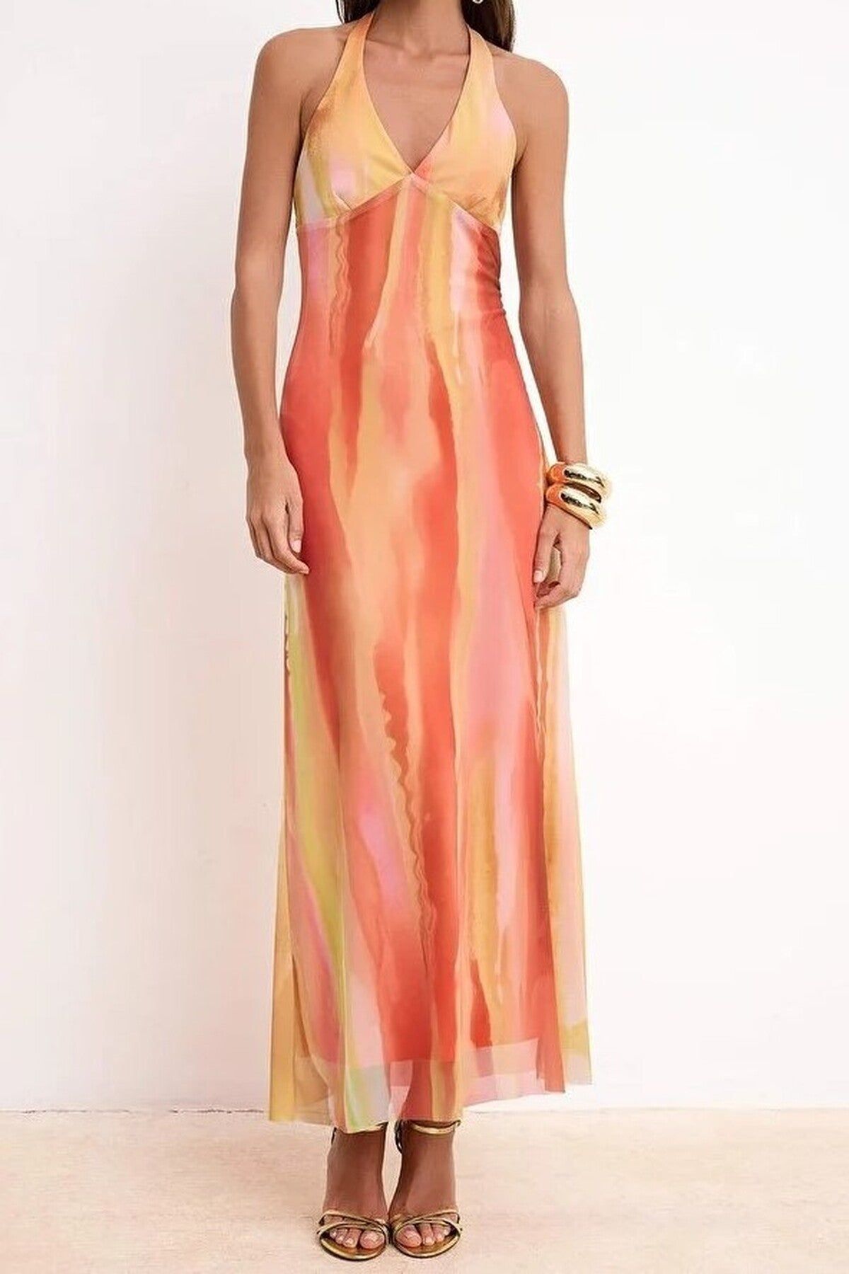 Wovcor Halterneck Sheer Tulle Maxi Evening Dress With Ombre Effect