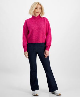 Petite Mock Neck Cropped Sweater High Rise Flare Leg Pull On Denim Jeans