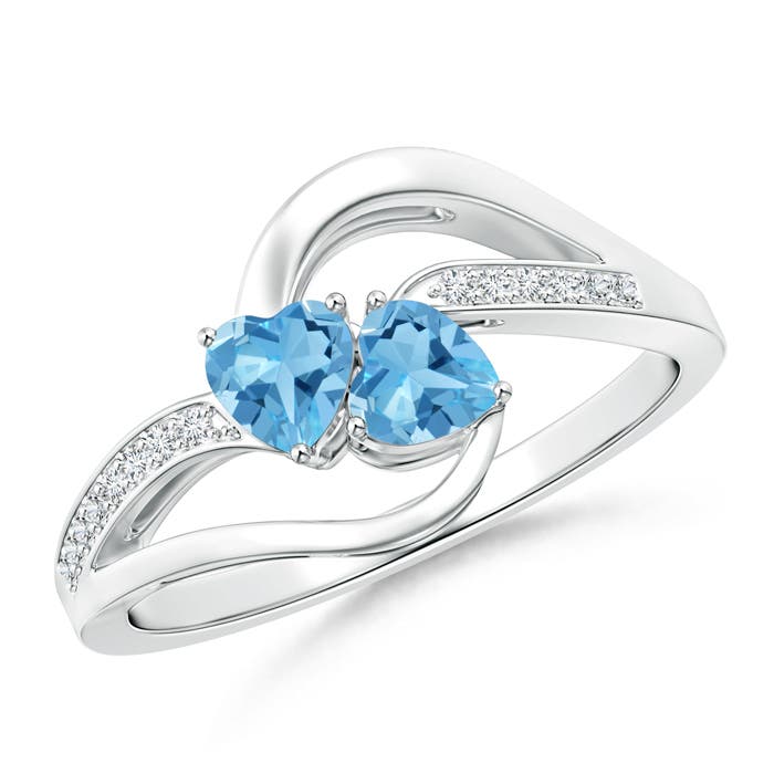 Angara 0.64 Carat Two Stone Heart Swiss Blue Topaz Bypass Ring with Diamonds in Platinum