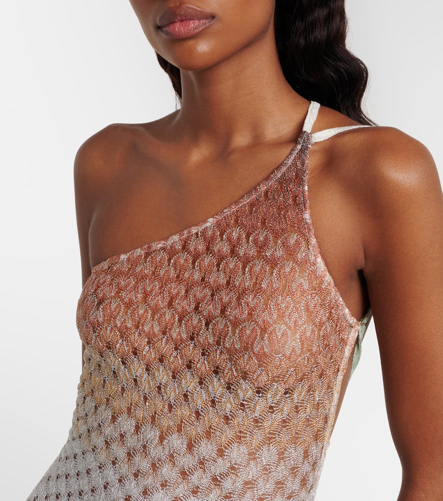Open-knit one-shoulder lamé beach cover-up