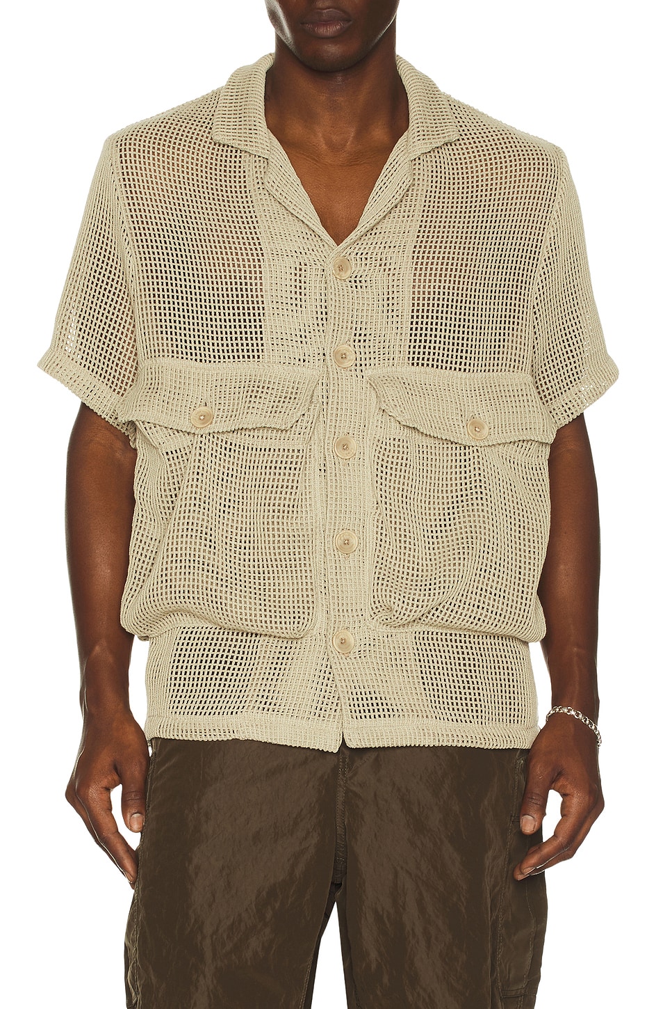 Reese Cooper Crochet Knit Short Sleeve Cargo Shirt in Khaki - Tan. M also in XL/1X