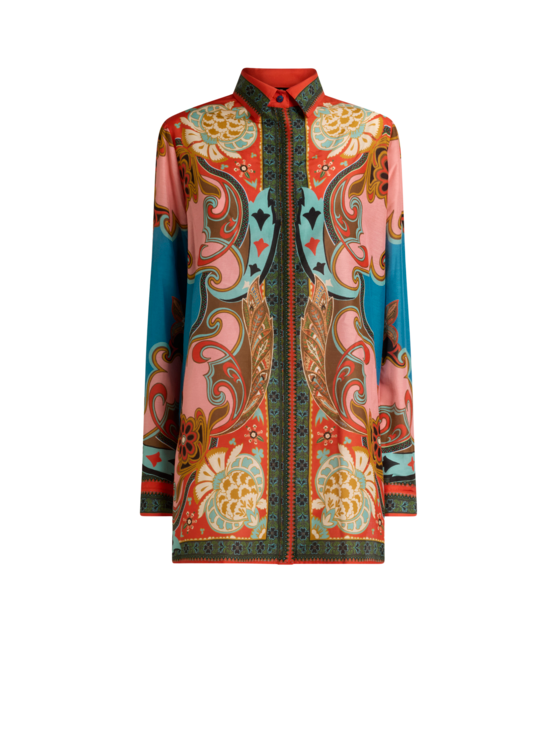 Long Cotton And Silk Shirt With Placed Print