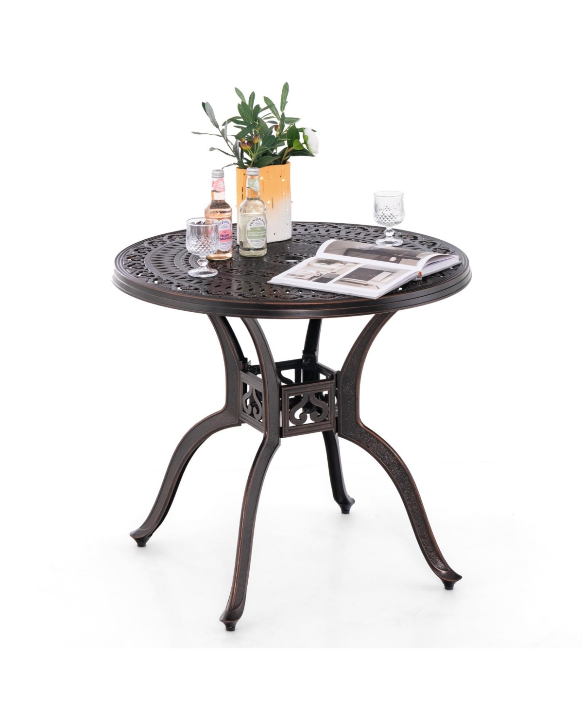 "31.5"" Cast Aluminum Table Patio Round Dining Table with Umbrella Hole-Copper - Red Copper"