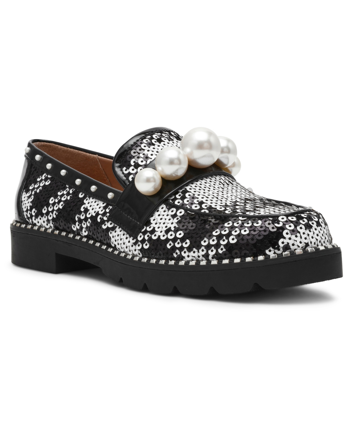 Women's Harloe Embellished Low Heel Loafers - Black/White Sequin Plaid