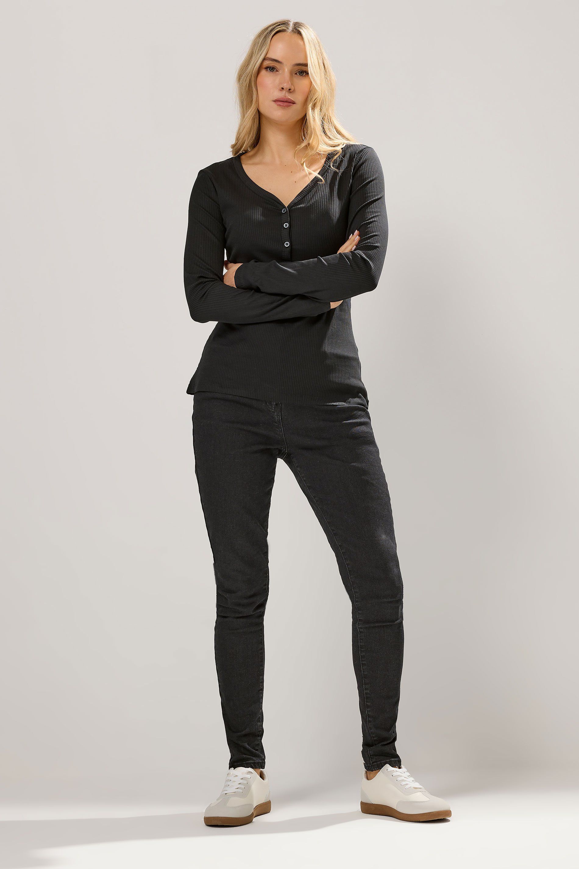 Long Tall Sally Tall Ribbed Henley Top In Black