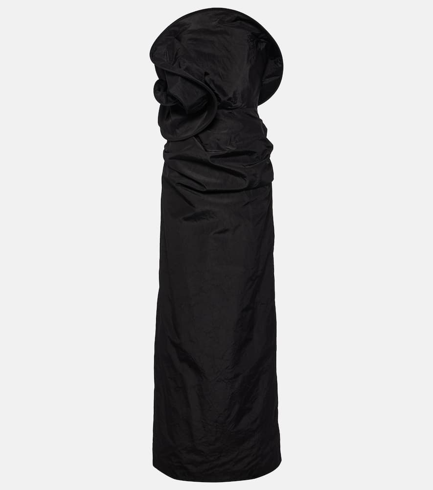 Floral-appliqué silk taffeta gown