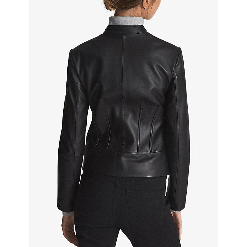 Womens Black Allie Slim-fit Leather Biker Jacket 12