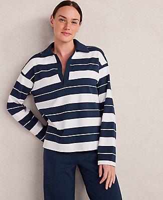 Ann Taylor Haven Well Within Organic Cotton Interlock Stripe Johnny Collar Top