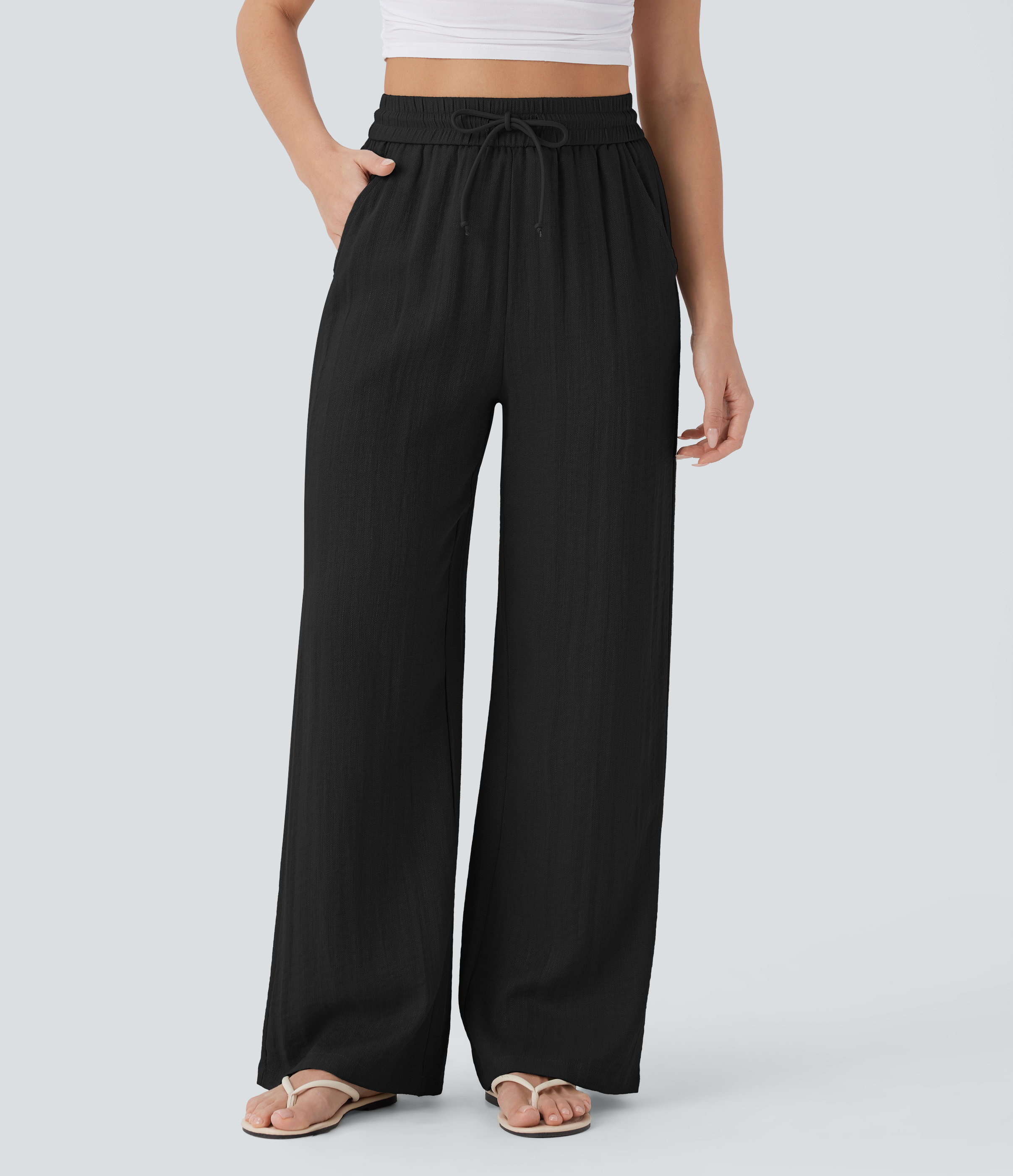 High Waisted Drawstring Pocket Wide Leg Casual Linen-Feel Pants  - Black