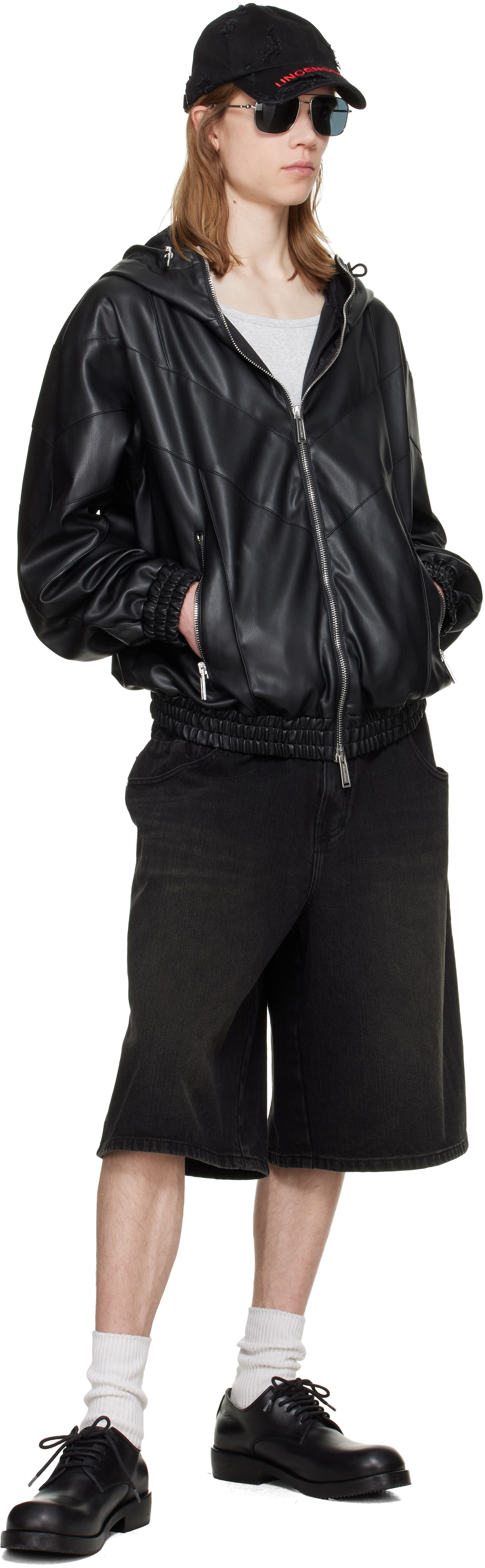 Black Zipped Hoodie Faux-Leather Jacket