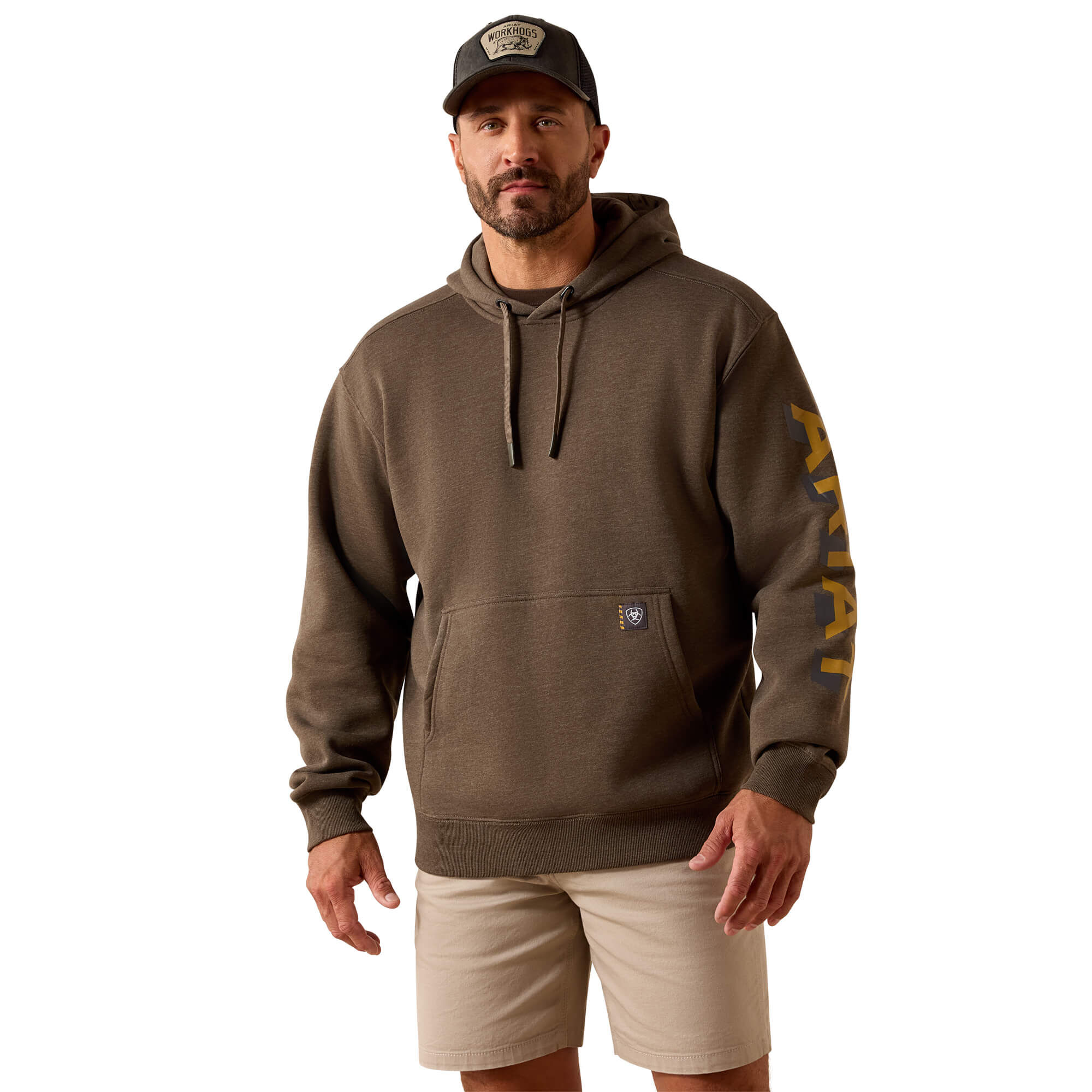 Men's Rebar Lightweight Logo Hoodie Long Sleeve in Major Brown Heather Wood Thrush, Size Large, by