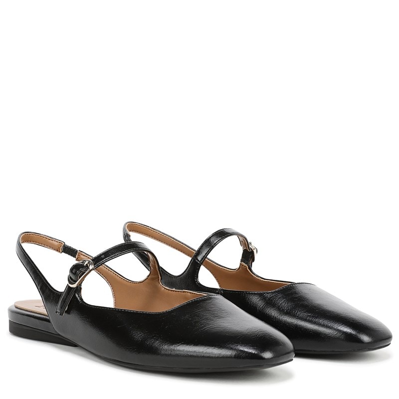 Anikka Mary Jane Slingback Flat Shoes, Black Faux Leather
