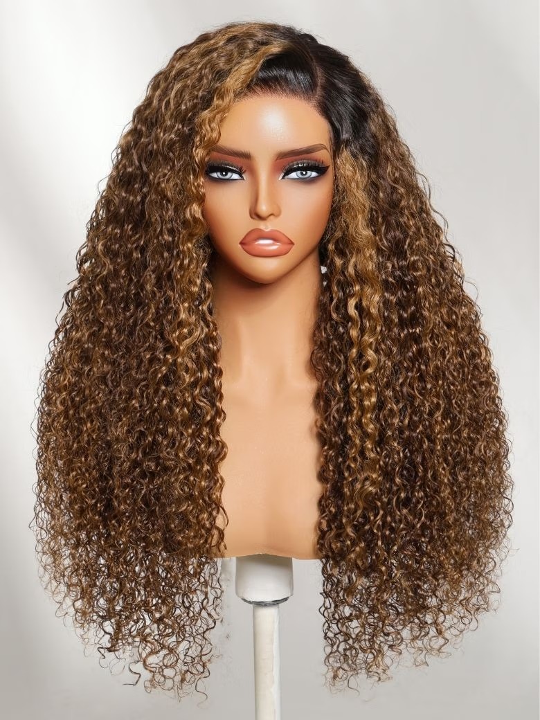 [From 18"] 13x4 Bye Bye Slip™ Lace Frontal Brown with Caramel Highlights Glueless Curly Wig with Dark Root