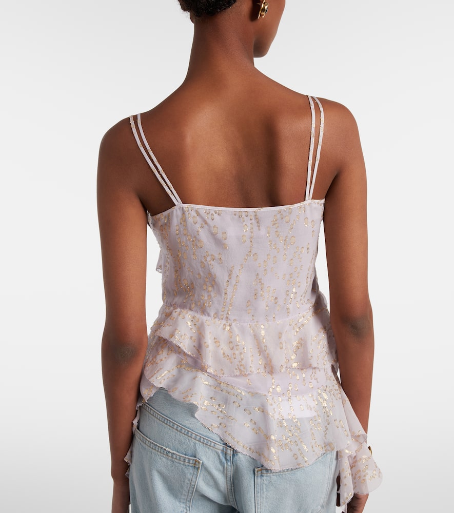 Printed ruffled asymmetric silk-blend top